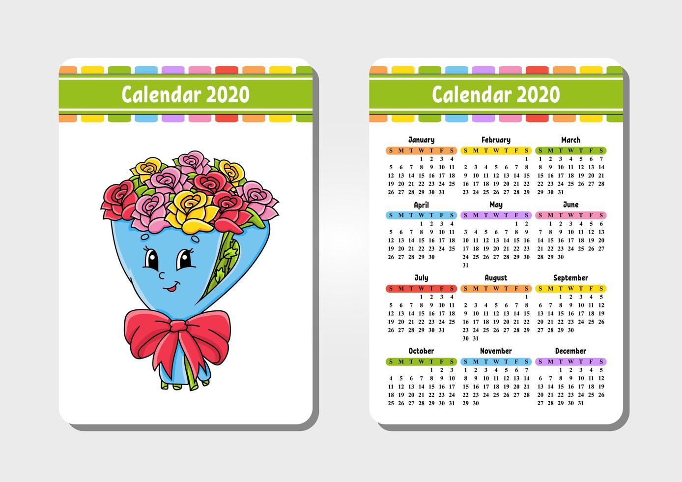 calendario para 2020 con un lindo personaje. tamano de bolsillo. diseño divertido y brillante. ilustración vectorial aislada. estilo de dibujos animados. vector