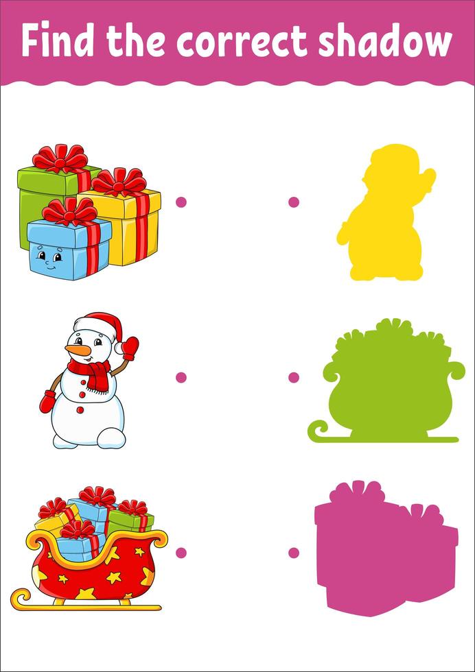 Find the correct shadow. Christmas theme. Education developing worksheet. Matching game for kids. Color activity page. Puzzle for children. Cute character. Vector illustration. Cartoon style.