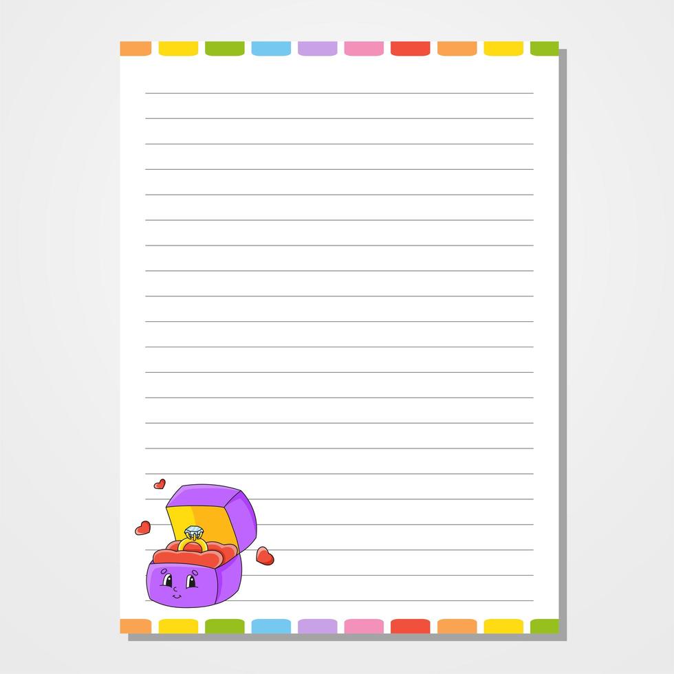 Sheet template for notebook, notepad, diary. Lined paper. Cute character ring box. With a color image. Isolated vector illustration. Cartoon style.