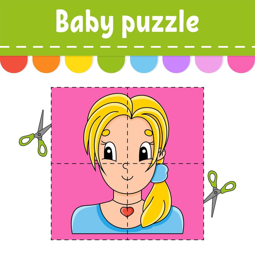 Baby puzzle. Easy level. Flash cards. Cut and play. Pleasant lovely woman. Color activity worksheet. Game for children. Cartoon character. vector