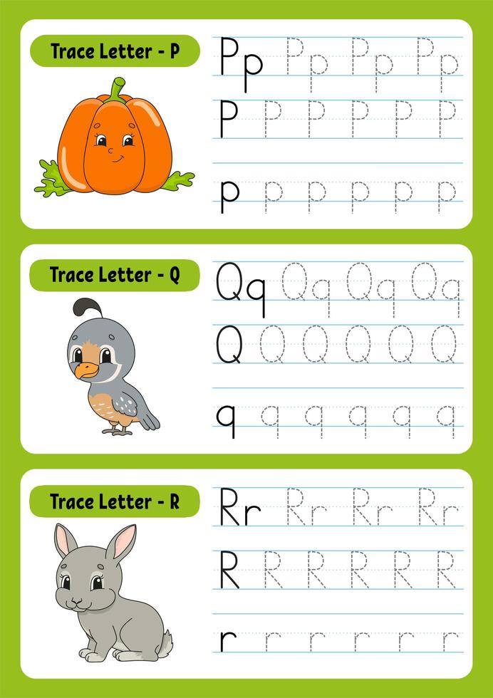Writing letters. Tracing page. Practice sheet. Worksheet for kids. exercise for preschools. Learn alphabet. Cute characters. Vector illustration. Cartoon style.