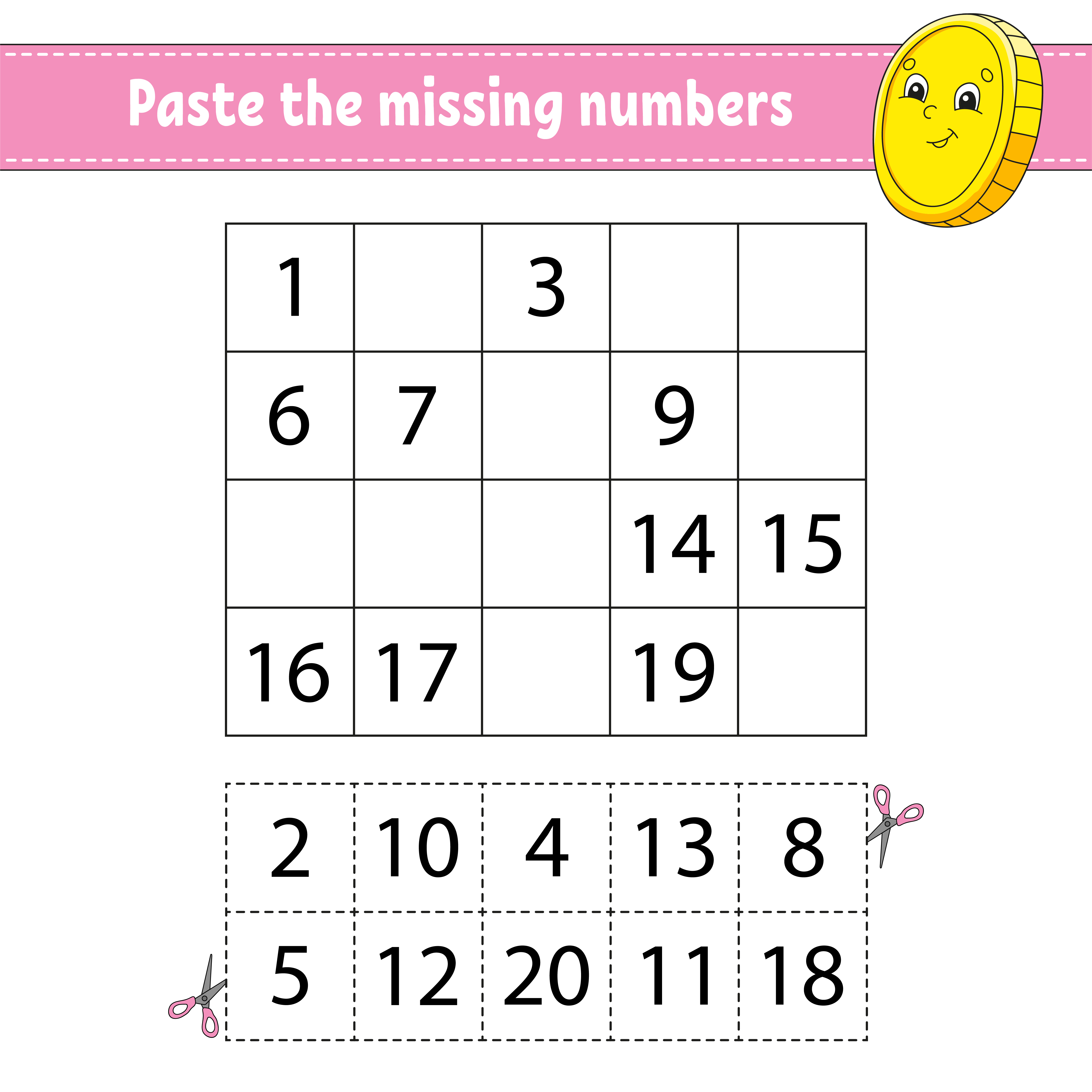 paste the missing numbers 1 20 game for children handwriting practice learning numbers for kids education developing worksheet activity page isolated vector illustration in cute cartoon style 3771696 vector art at vecteezy