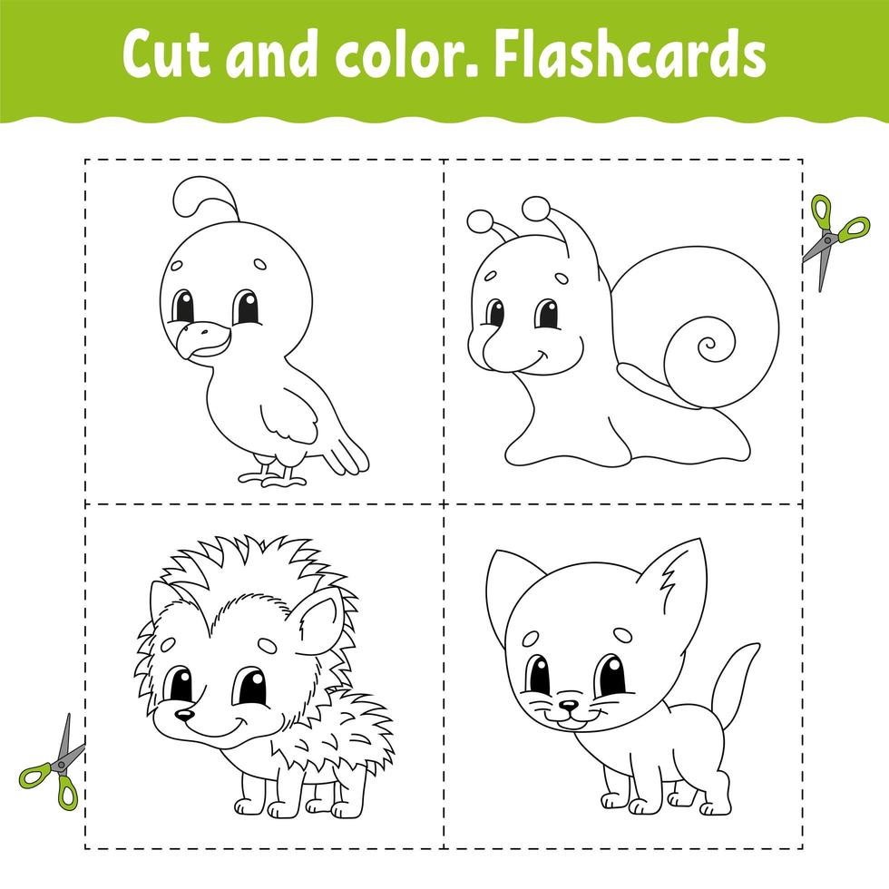 Cut and color. Flashcard Set. Coloring book for kids. Cartoon character. vector