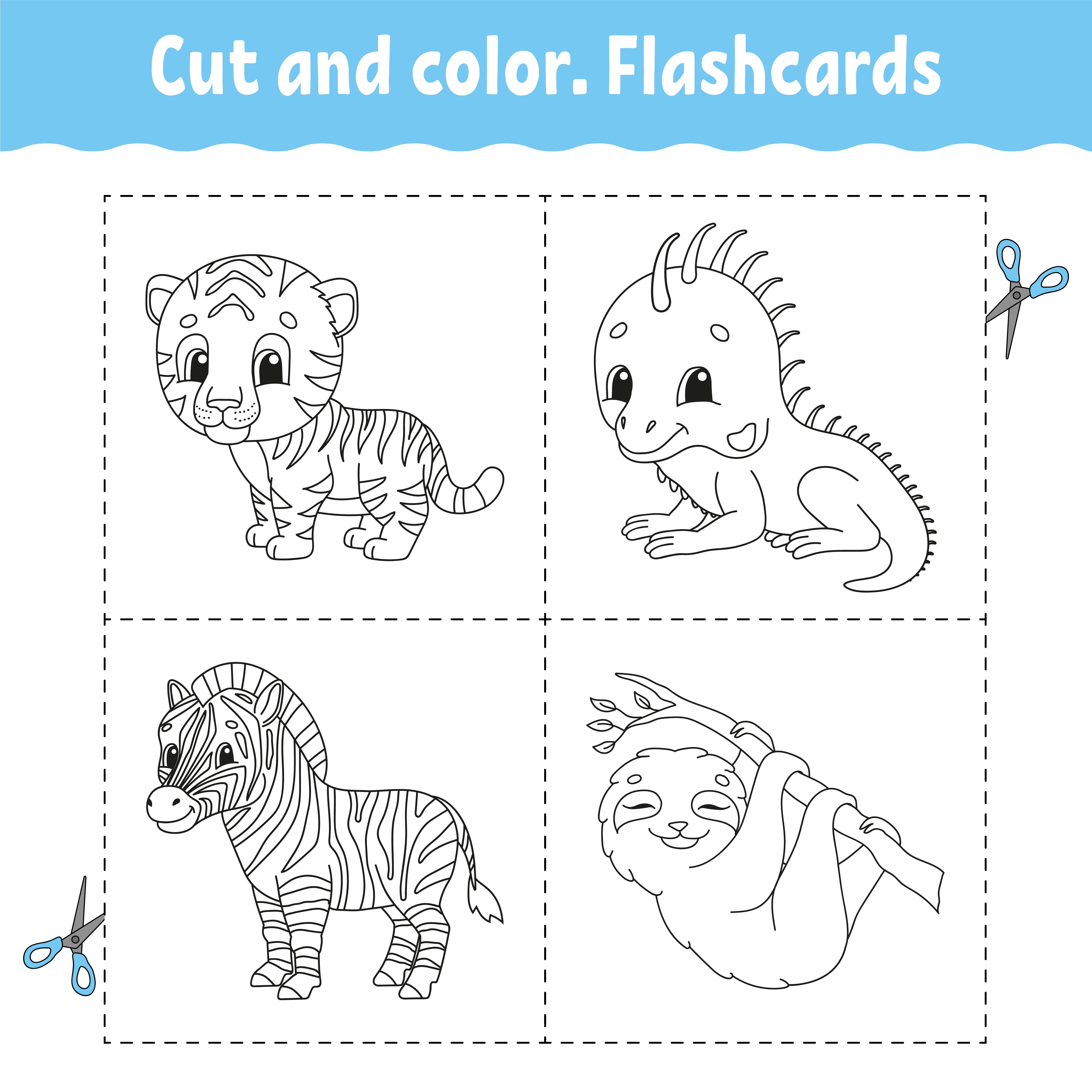 Cut and color. Flashcard Set. tiger, iguana, sloth, zebra ...