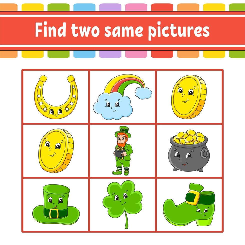 Find two same pictures. Task for kids. St. Patrick's day. Education developing worksheet. Activity page. Color game for children. Funny character. Isolated vector illustration. Cartoon style.