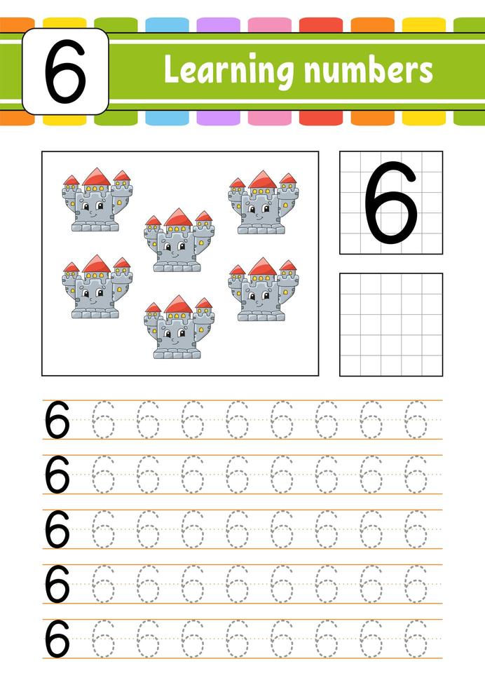 Trace and write. Handwriting practice. Learning numbers for kids. Education developing worksheet. Activity page. Isolated vector illustration in cute cartoon style.