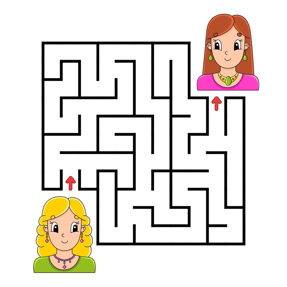 Square maze. Game for kids. Puzzle for children. Labyrinth conundrum. Color vector illustration. Isolated vector illustration. Cartoon character.