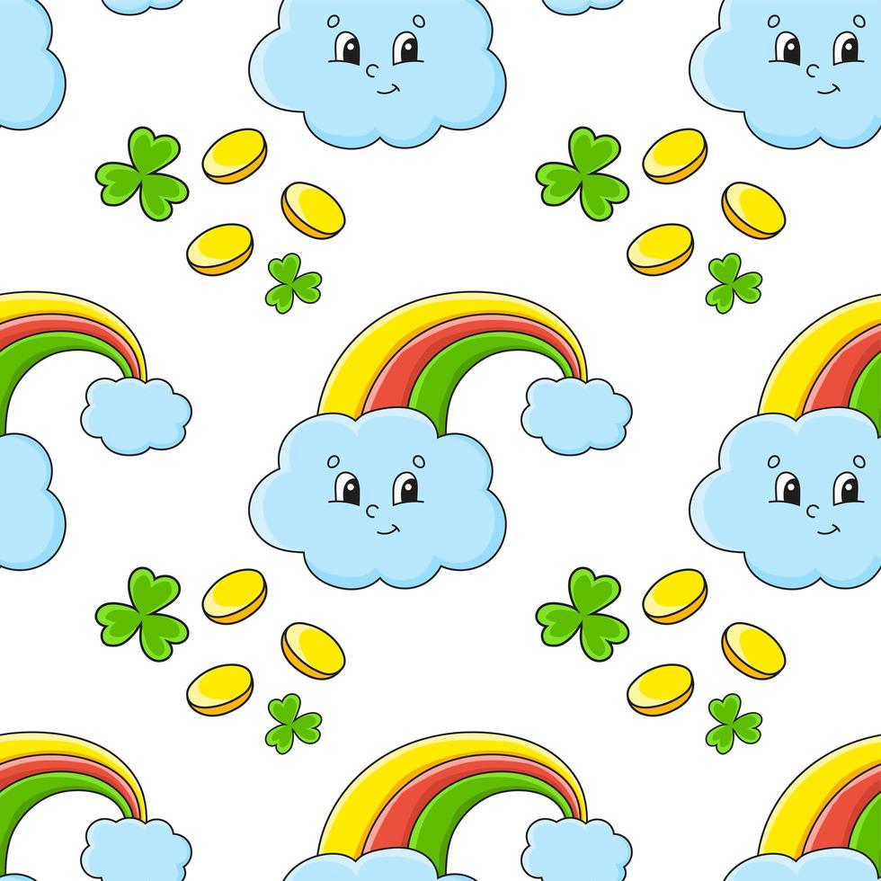 Color seamless pattern. Magic rainbow. St. Patrick's Day. Cartoon style. Hand drawn. Vector illustration isolated on white background.