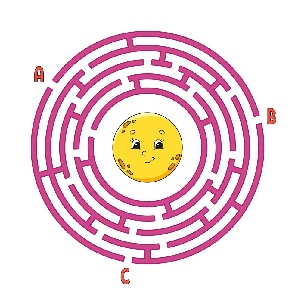 Circle maze. Game for kids. Puzzle for children. Round labyrinth conundrum. Color vector illustration. Find the right path. Education worksheet.
