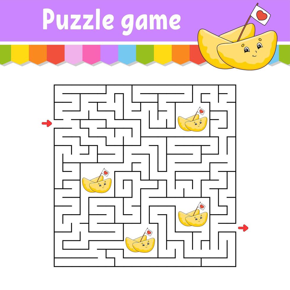 Square maze. Game for kids. Puzzle for children. Labyrinth conundrum. Color vector illustration. Find the right path. Isolated vector illustration. Cartoon character.