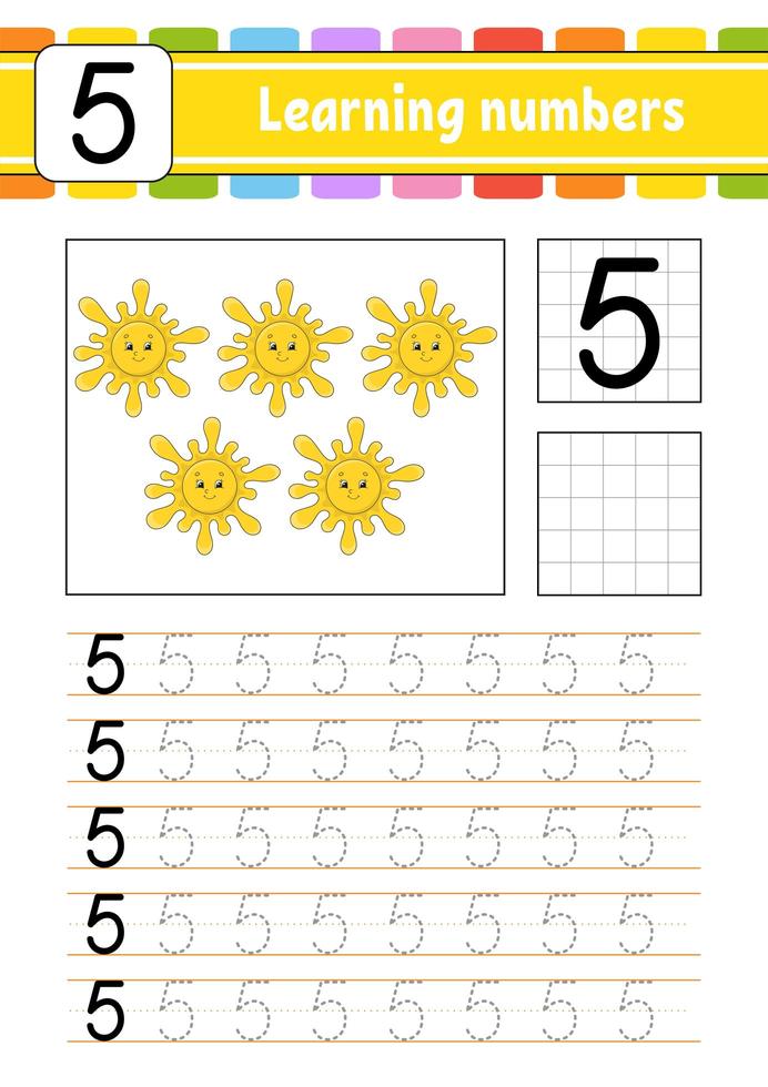 Trace and write. Handwriting practice. Learning numbers for kids. Education developing worksheet. Activity page. Game for toddlers and preschoolers. Isolated vector illustration in cute cartoon style.