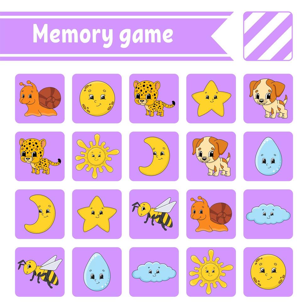 Memory game for kids. Education developing worksheet. Activity page with pictures. Puzzle game for children. Logical thinking training. Isolated vector illustration. Funny character. Cartoon style.