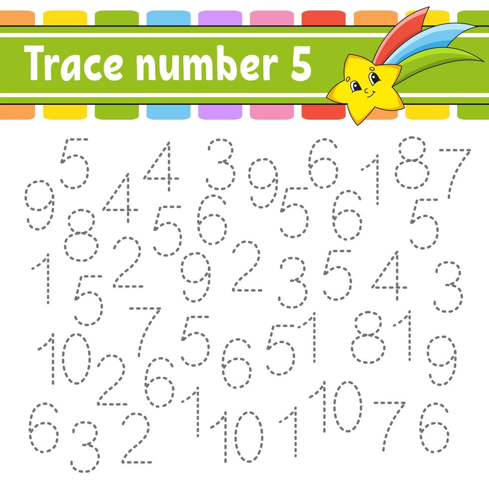 Trace number 5. Handwriting practice. Learning numbers for kids. Education developing worksheet. Activity page. Game for toddlers and preschoolers. Isolated vector illustration in cute cartoon style.