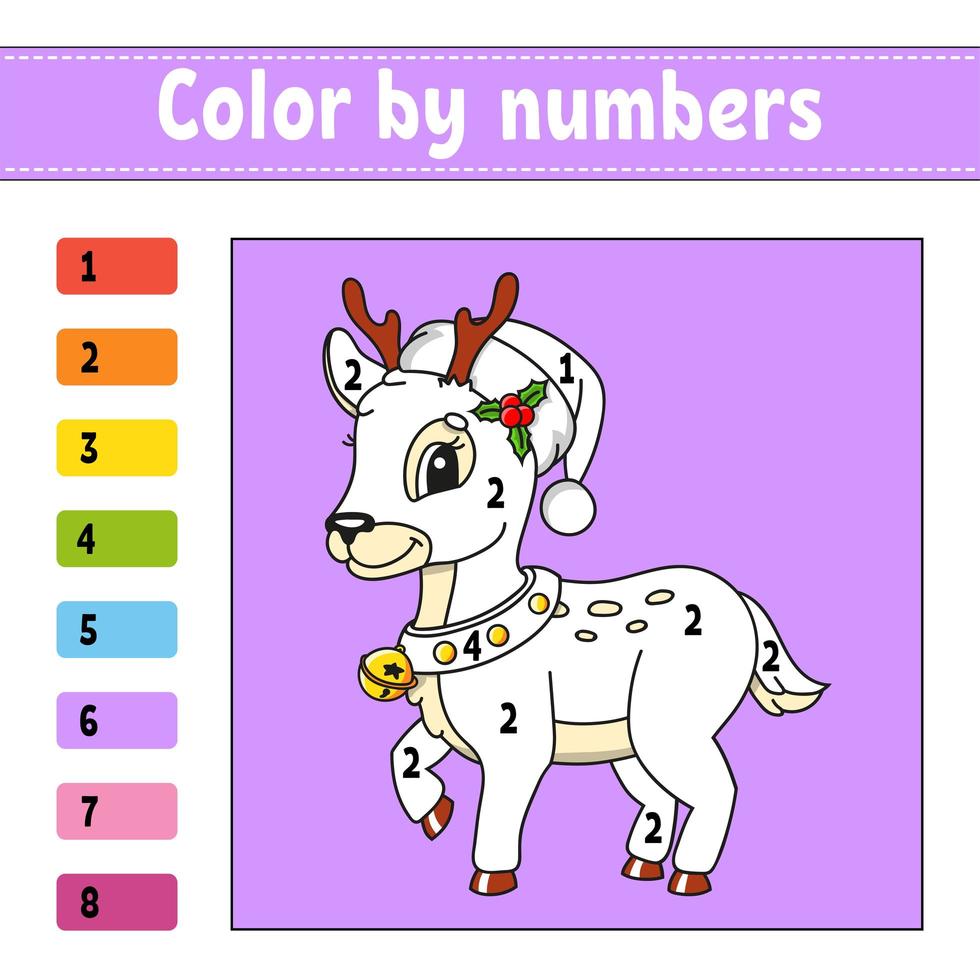 Color by numbers. Christmas theme. Activity worksheet. Game for children. Cartoon character. Vector illustration.