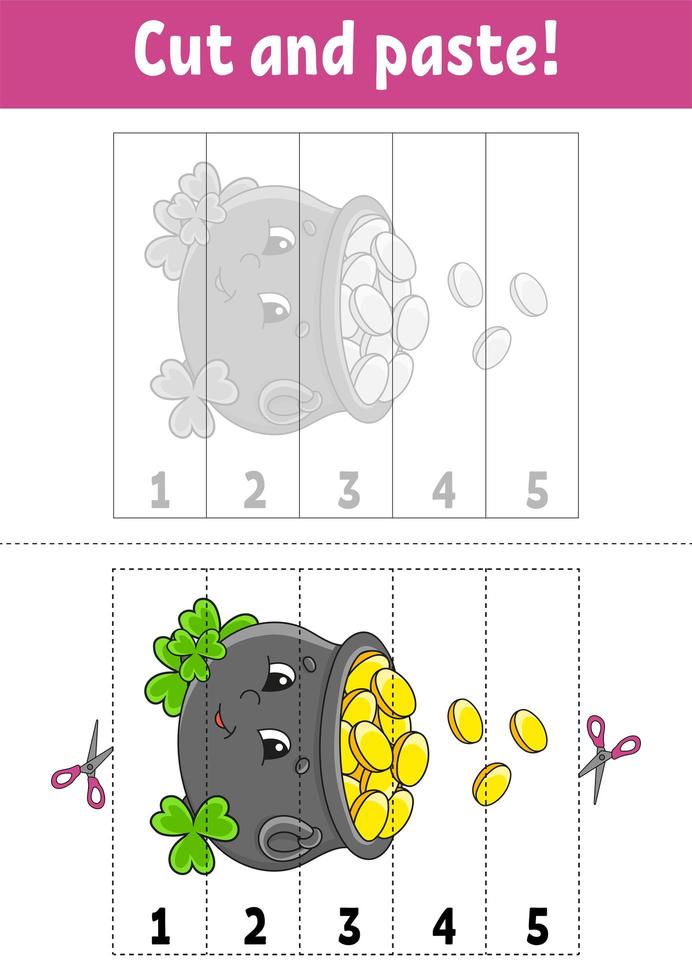 Learning numbers 1-5. Cut and glue. Cartoon character. Education developing worksheet. Game for kids. Activity page. Color isolated vector illustration. St. Patrick's day.