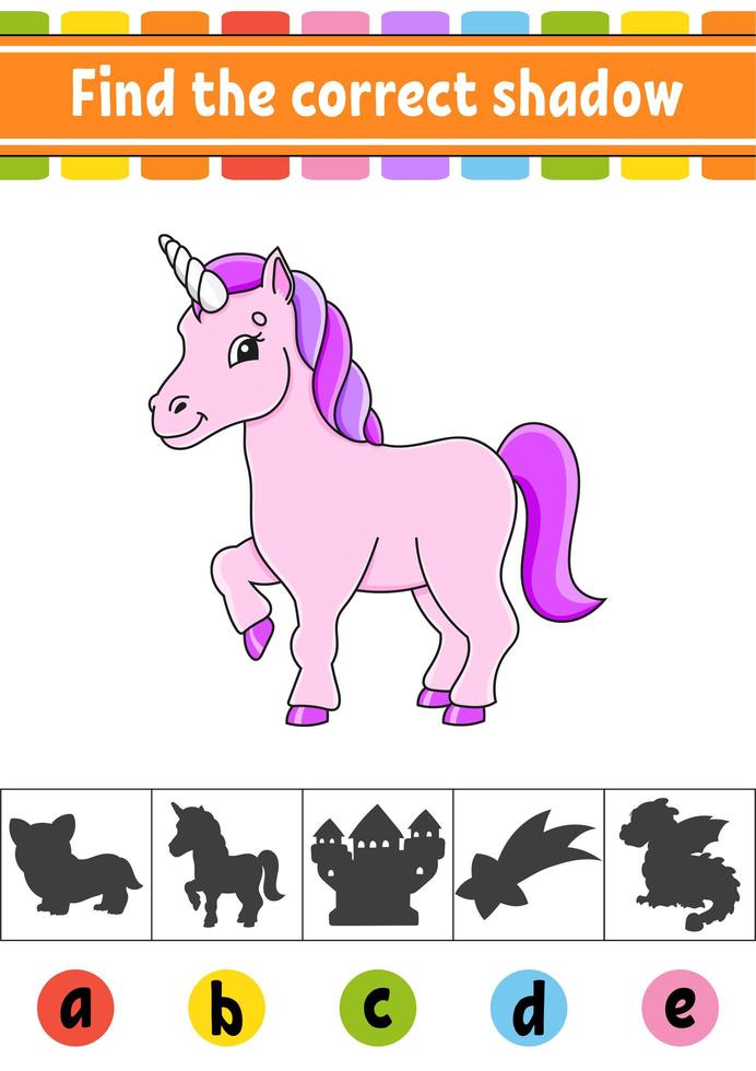 Find the correct shadow. Education developing worksheet. Activity page. Color game for children. Isolated vector illustration. Cartoon character.