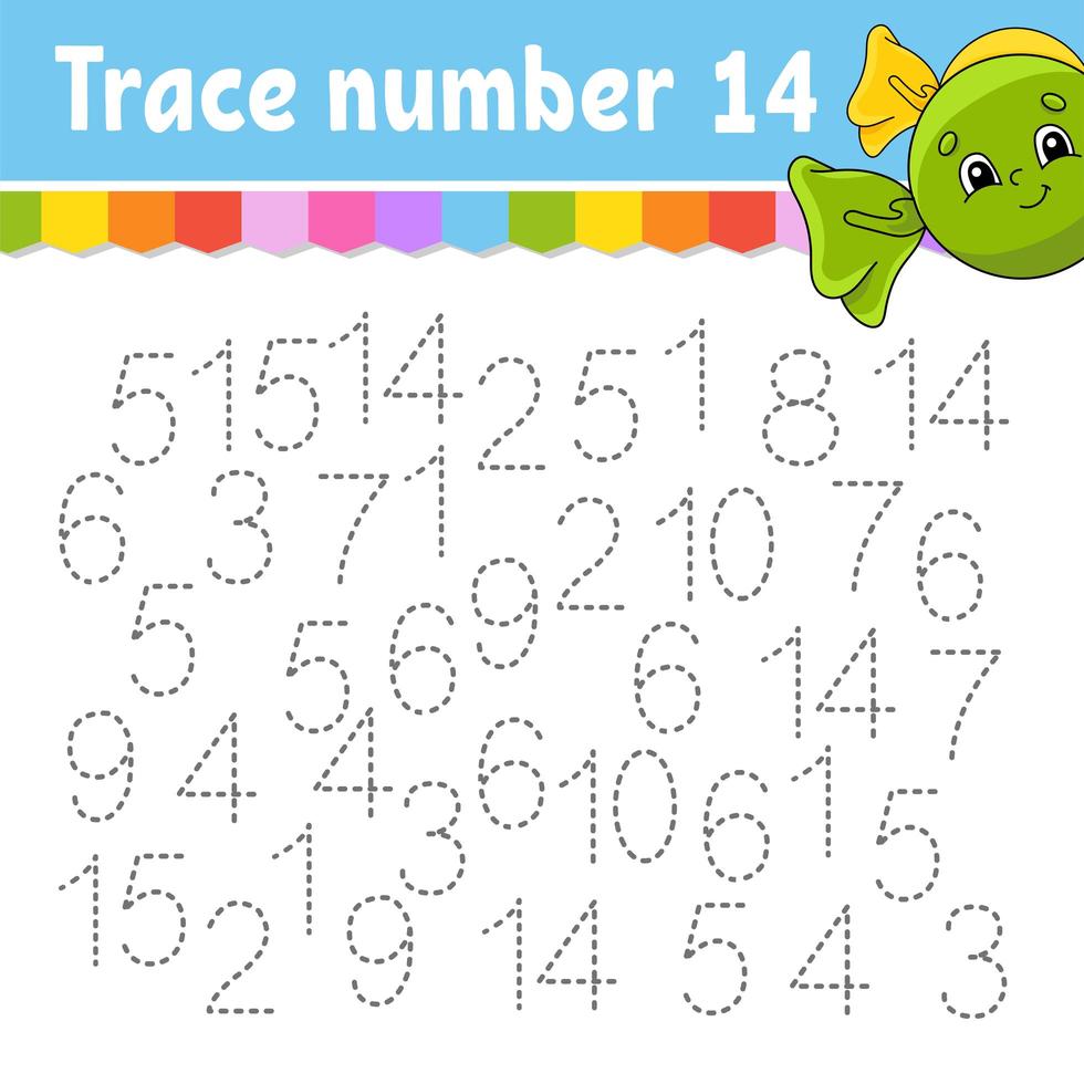 Trace number . Handwriting practice. Learning numbers for kids. Education developing worksheet. Activity page. Game for toddlers and preschoolers. Isolated vector illustration in cute cartoon style.