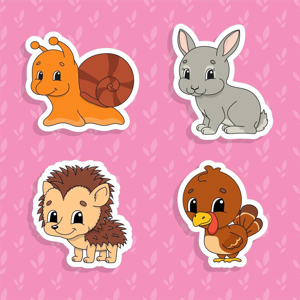 Set of bright color stickers for kids. Cute cartoon characters. Vector illustration isolated on color background.