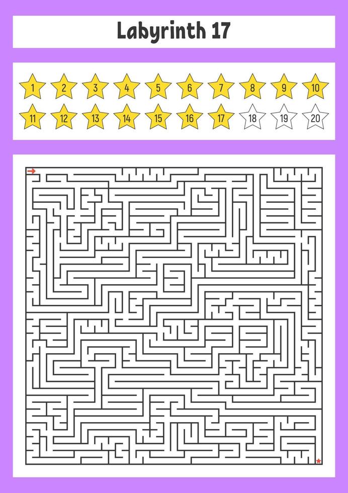 Square maze. Game for kids. Puzzle for children. Labyrinth conundrum. Color vector illustration. Find the right path. The development of logical and spatial thinking.