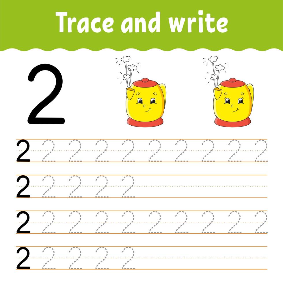 Number 2. Trace and write. Handwriting practice. Learning numbers for kids. Education developing worksheet. Color activity page. Isolated vector illustration in cute cartoon style.