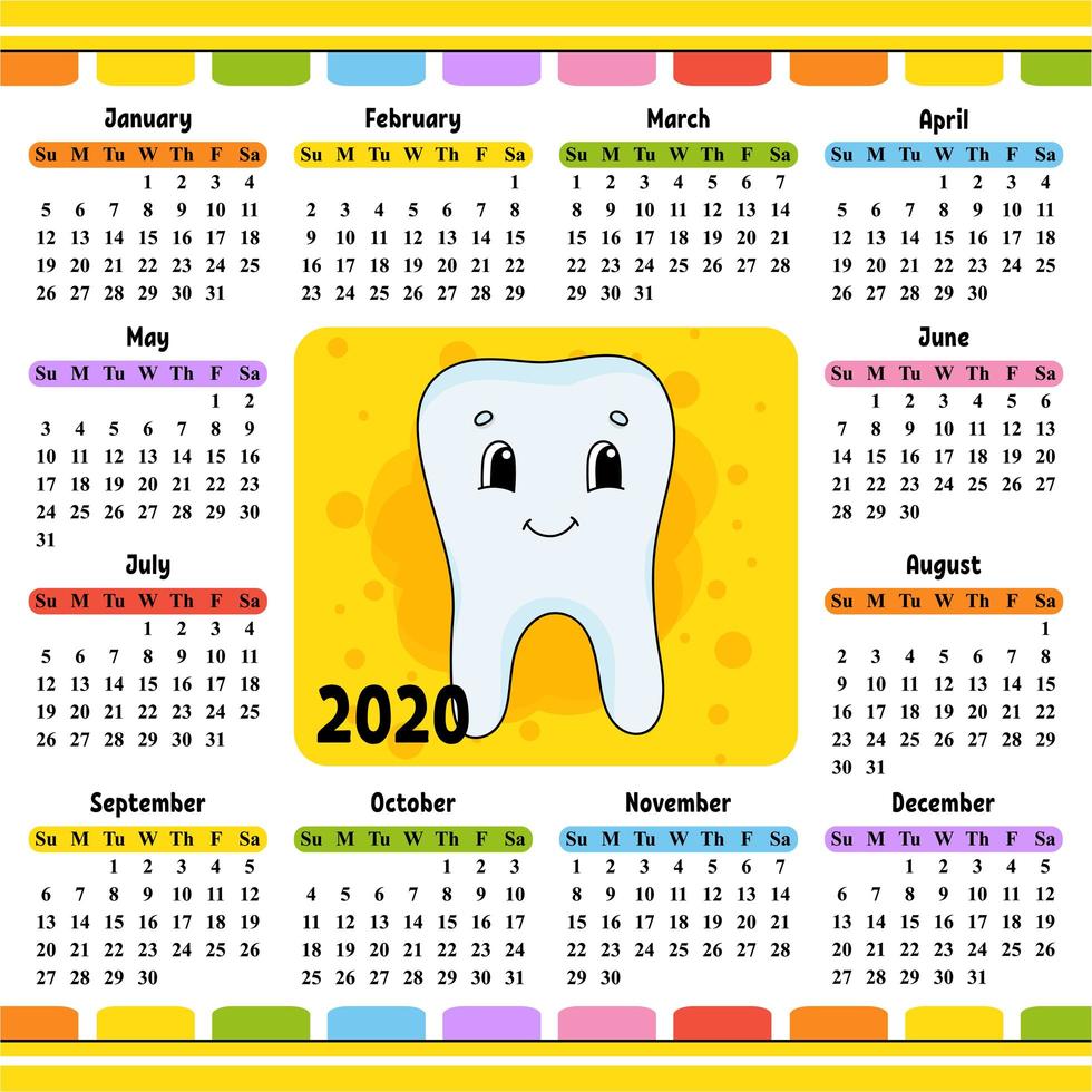 A healthy tooth without caries is smiling. Calendar for 2020 with a cute character. Fun and bright design. Isolated color vector illustration. Cartoon style.