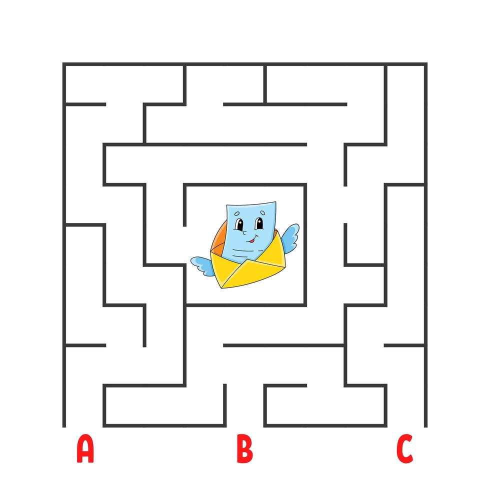 Square maze. Game for kids. Puzzle for children. Cartoon character envelope. Labyrinth conundrum. Color vector illustration. Find the right path. The development of logical and spatial thinking.