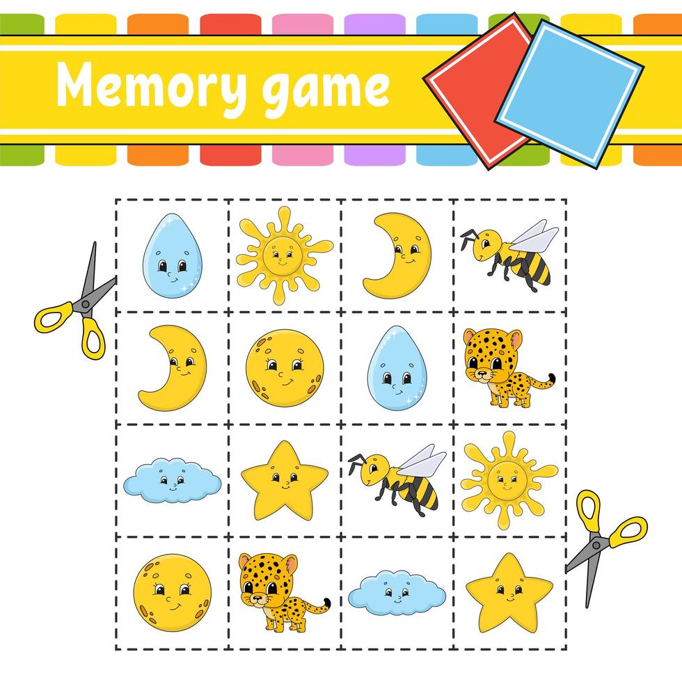 Memory game for kids. Education developing worksheet. Activity page with pictures. Puzzle game for children. Logical thinking training. Isolated vector illustration. Funny character. Cartoon style.