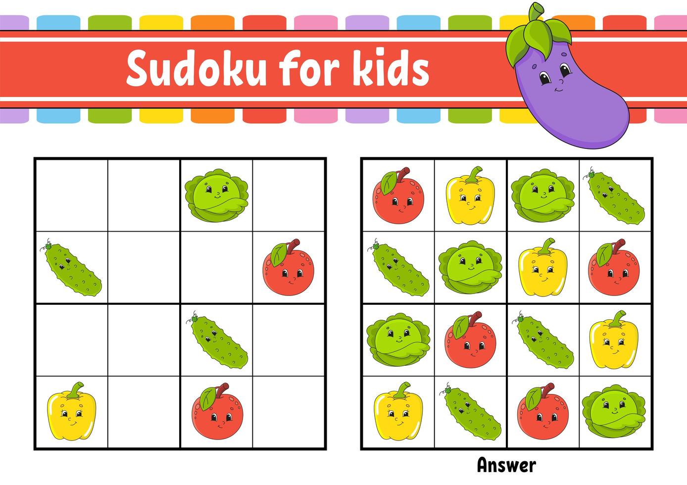 Sudoku for kids. Education developing worksheet. Vegetable, fruit. Cartoon character. Color activity page. Puzzle game for children. Logical thinking training. Isolated vector illustration.