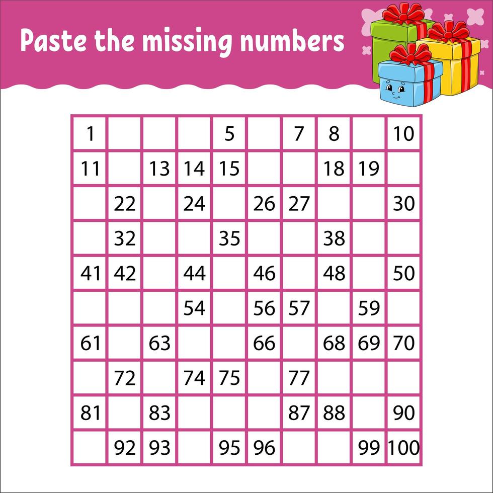 Paste the missing numbers from 1 to 100. Handwriting practice. Learning numbers for kids. Education developing worksheet. Activity page. Game for children. Isolated vector illustration.