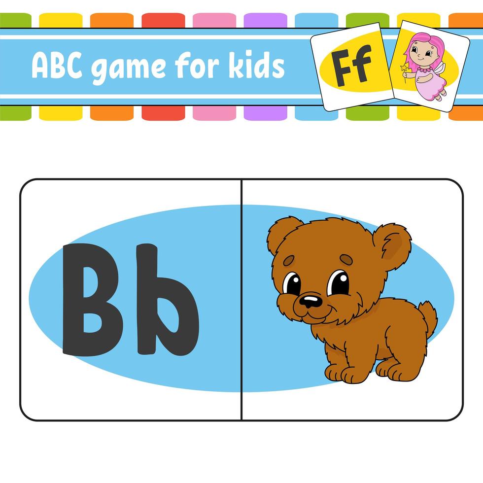 ABC flash cards. Animal bear. Alphabet for kids. Learning letters. Education worksheet. Activity page for study English. Color game for children. Isolated vector illustration. Cartoon style.