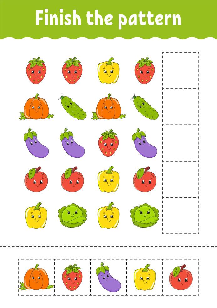 Finish the pattern. Cut and play. Fruits and vegetables. Education developing worksheet. Activity page.Cartoon character. vector