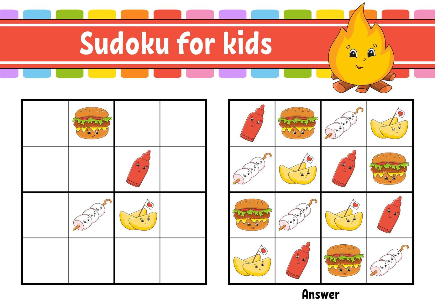 Sudoku for kids. Education developing worksheet. Cartoon character. Color activity page. Puzzle game for children. Logical thinking training. Isolated vector illustration.