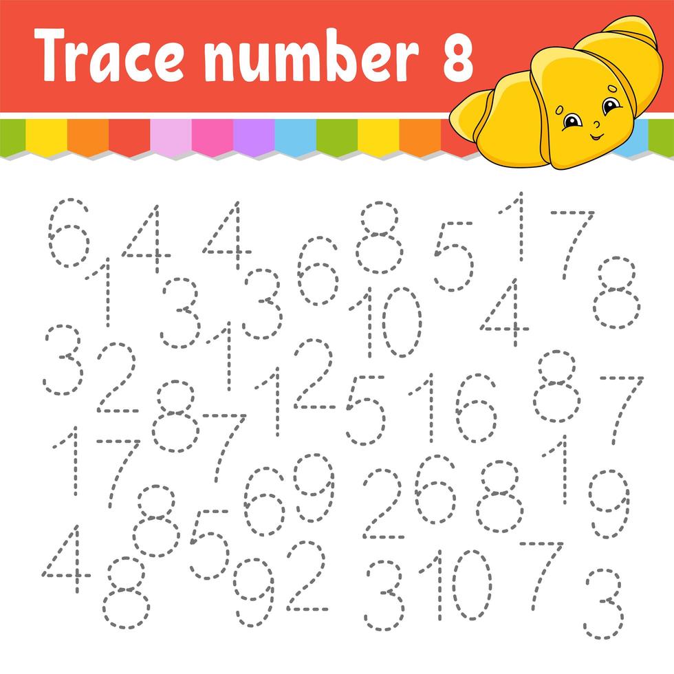 Trace number . Handwriting practice. Learning numbers for kids. Education developing worksheet. Activity page. Game for toddlers and preschoolers. Isolated vector illustration in cute cartoon style.