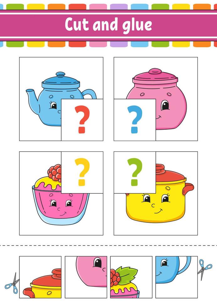 Cut and glue. Set flash cards. Color puzzle. Education developing worksheet. Activity page. Game for children. Funny character. Isolated vector illustration. Cartoon style.