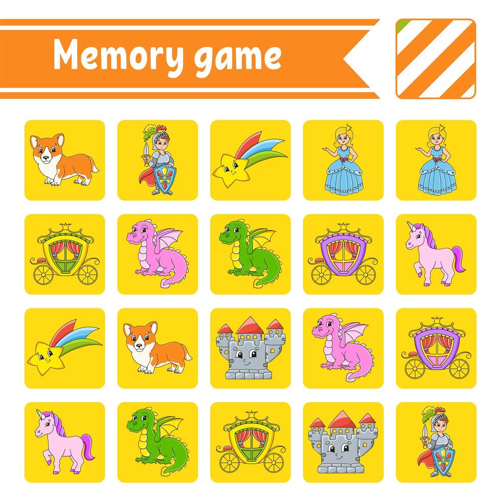 Memory game for kids. Education developing worksheet. Activity page with pictures. Puzzle game for children. Logical thinking training. Isolated vector illustration. Funny character. Cartoon style.