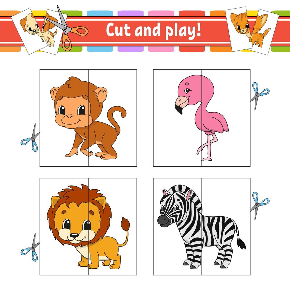 Cut and play. Flash cards. Color puzzle. Education developing worksheet. Activity page. Game for children. Funny character. Isolated vector illustration. Cartoon style.