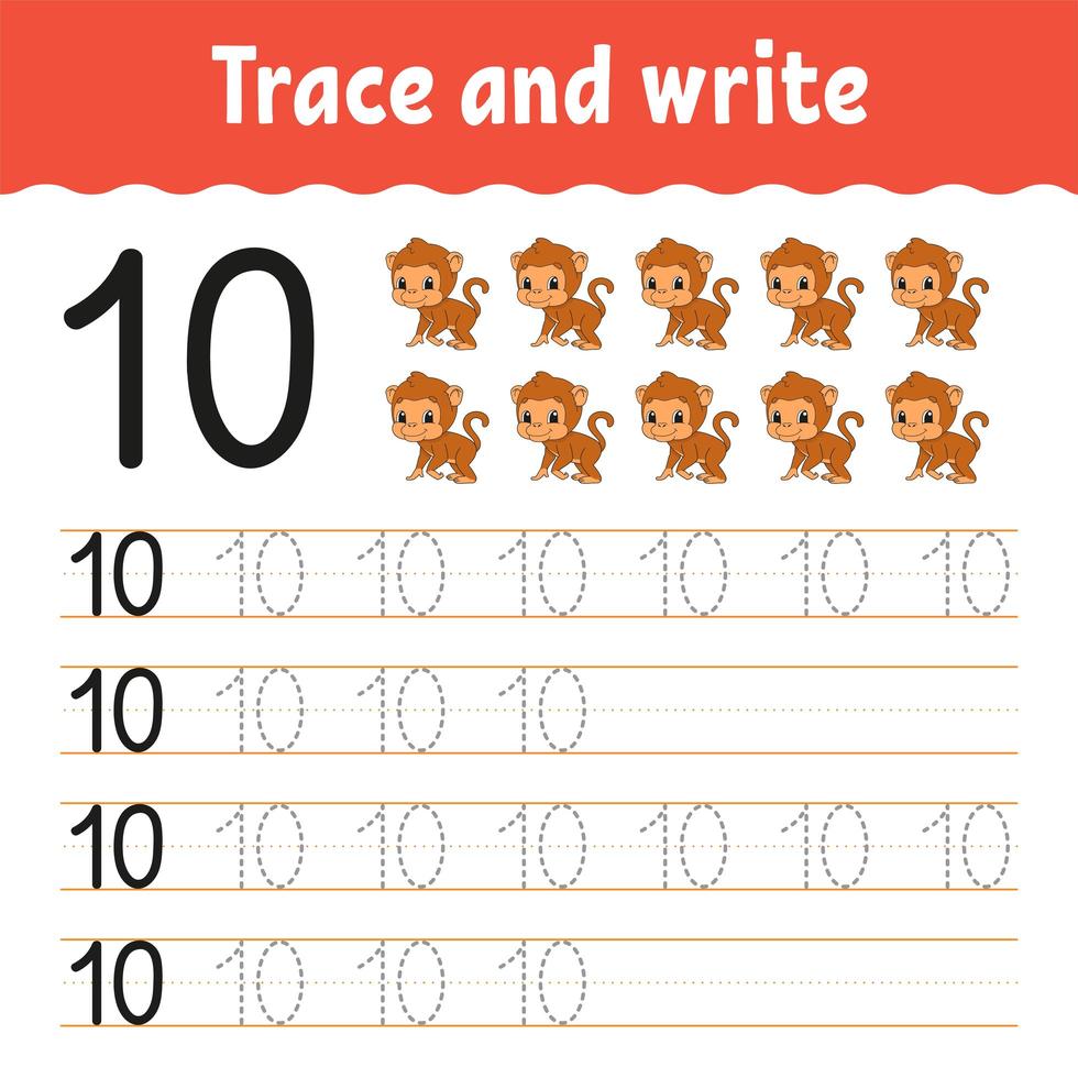 Trace and write. Handwriting practice. Learning numbers for kids. Education developing worksheet. Activity page. Game for toddlers and preschoolers. Isolated vector illustration in cute cartoon style.