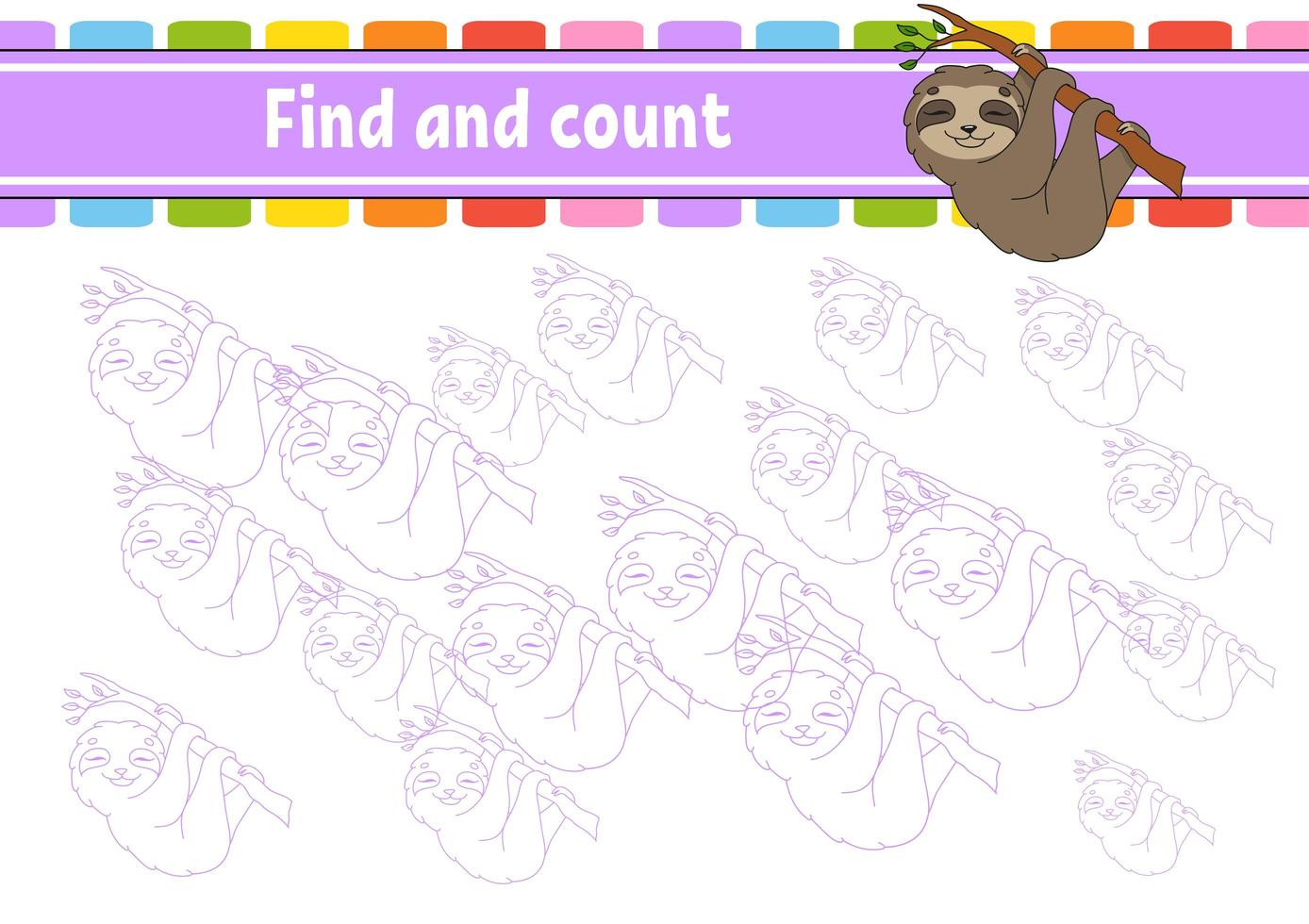Find and count. Education developing worksheet. Activity page with pictures. Puzzle game for children. Logical thinking training. Isolated vector illustration. Funny character. Cartoon style.