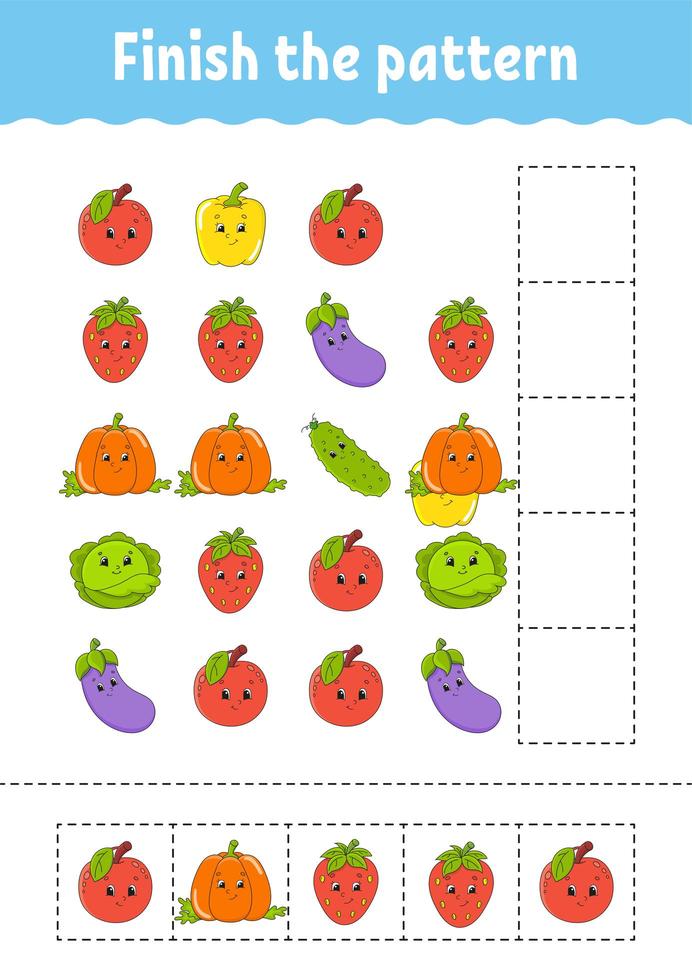 Finish the pattern. Cut and play. Fruits and vegetables. Education developing worksheet. Activity page.Cartoon character. vector