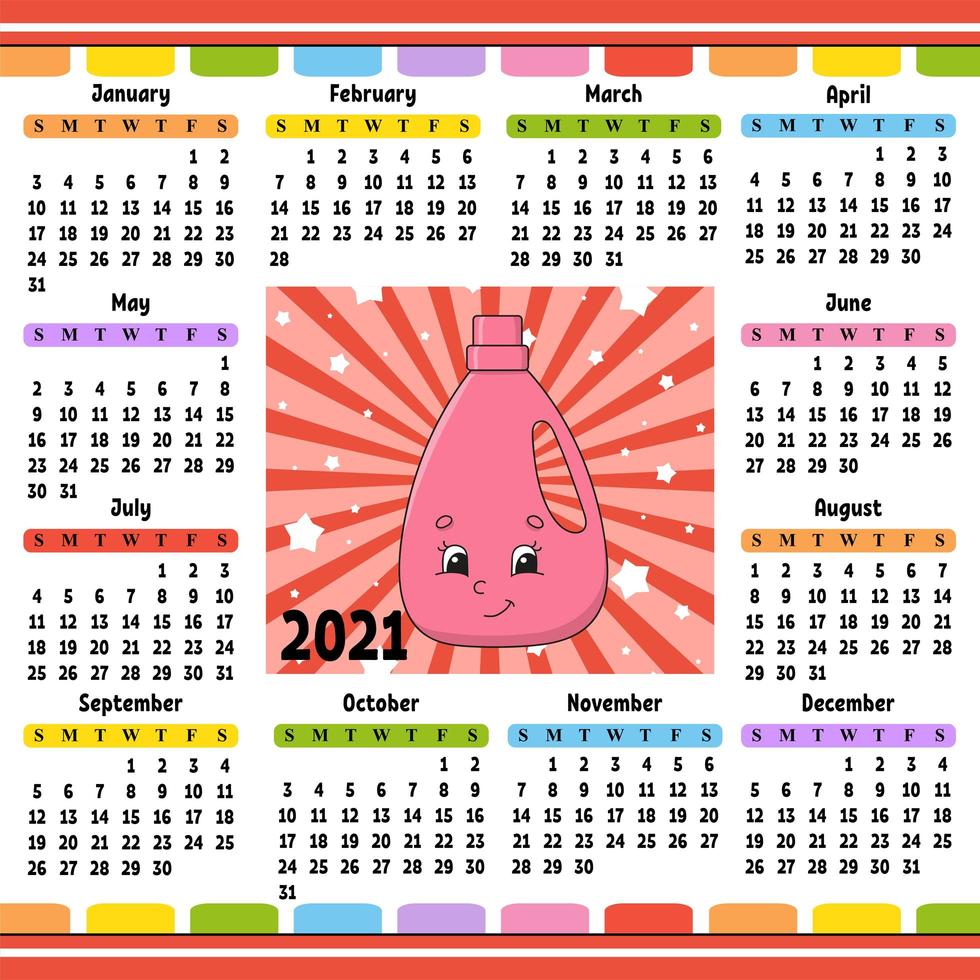 Calendar for 2020 with a cute character. Fun and bright design. Isolated color vector illustration. Cartoon style.