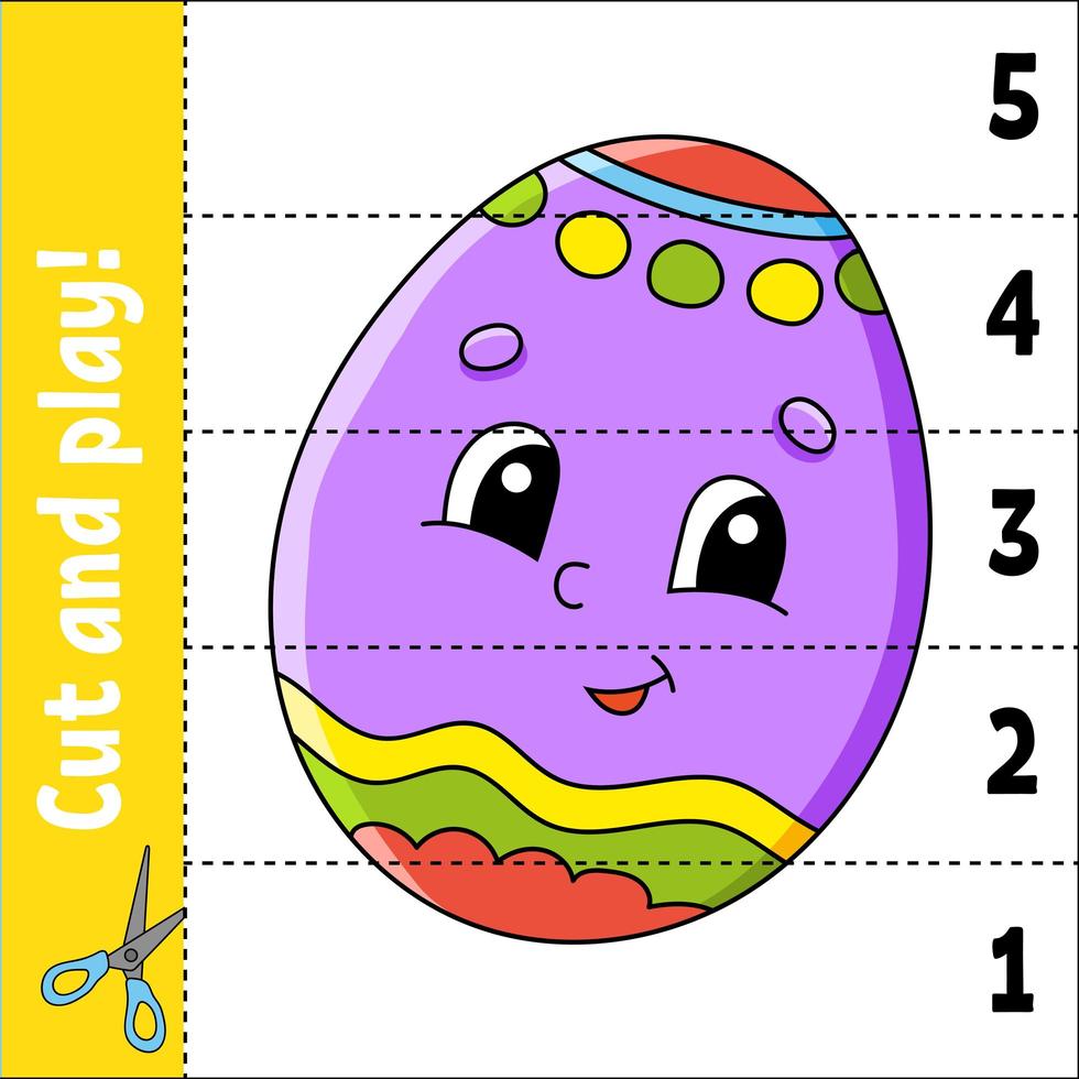 Learning numbers 1-5. Cut and play. Education worksheet. Game for kids. Color activity page. Puzzle for children. Riddle for preschool. Vector illustration. Cartoon style.