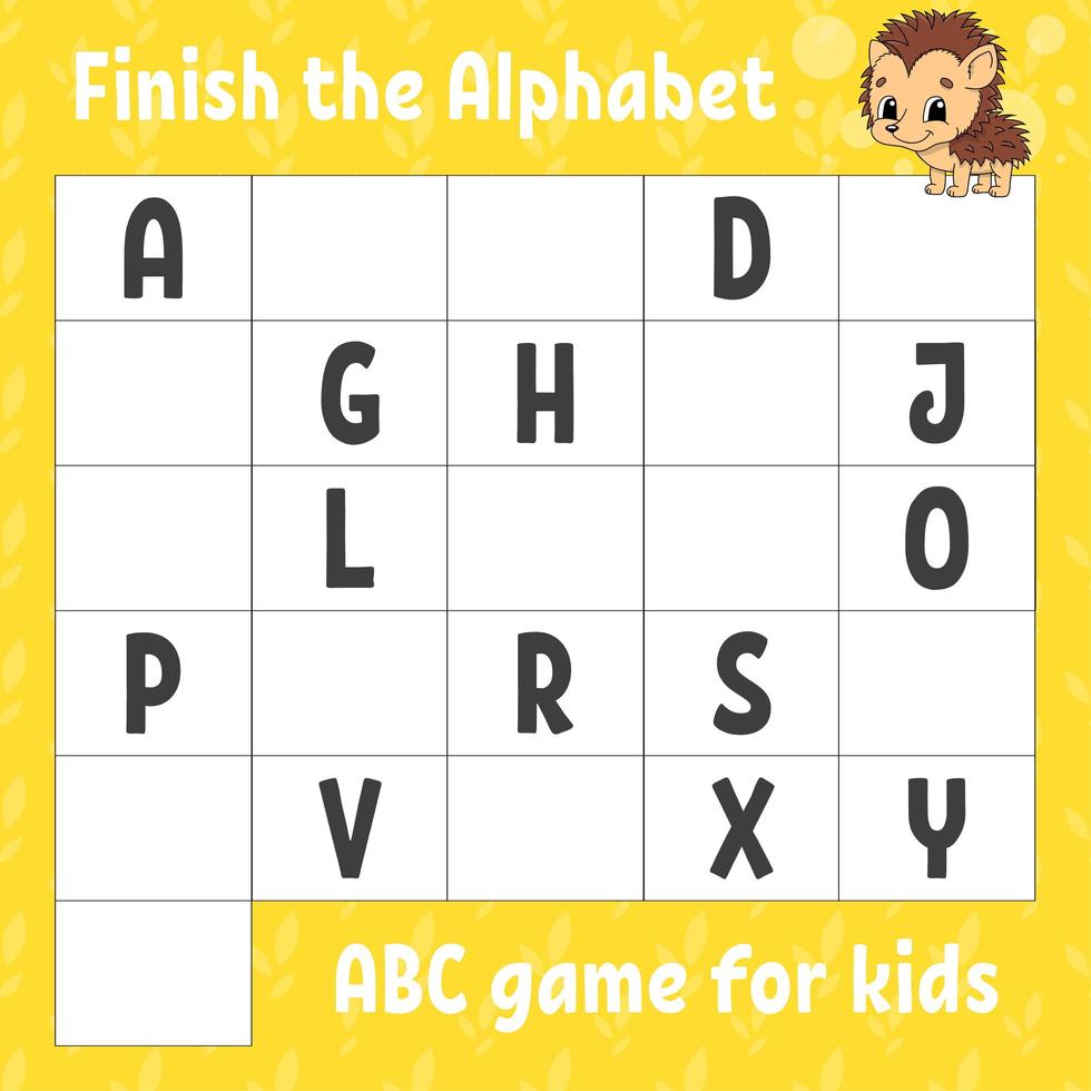 Finish the alphabet. ABC game for kids. Education developing worksheet. Learning game for kids. Color activity page. vector