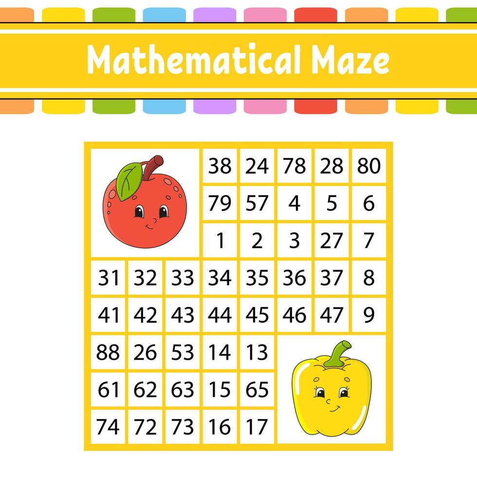 Mathematical maze. Game for kids. Number labyrinth. Education developing worksheet. Activity page. Puzzle for children. Cartoon characters. Riddle for preschool. Color vector illustration