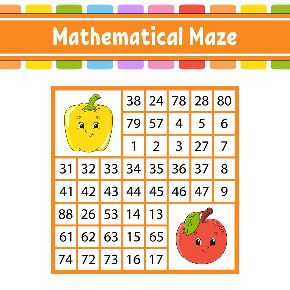 Mathematical maze. Game for kids. Number labyrinth. Education developing worksheet. Activity page. Puzzle for children. Cartoon characters. Riddle for preschool. Color vector illustration