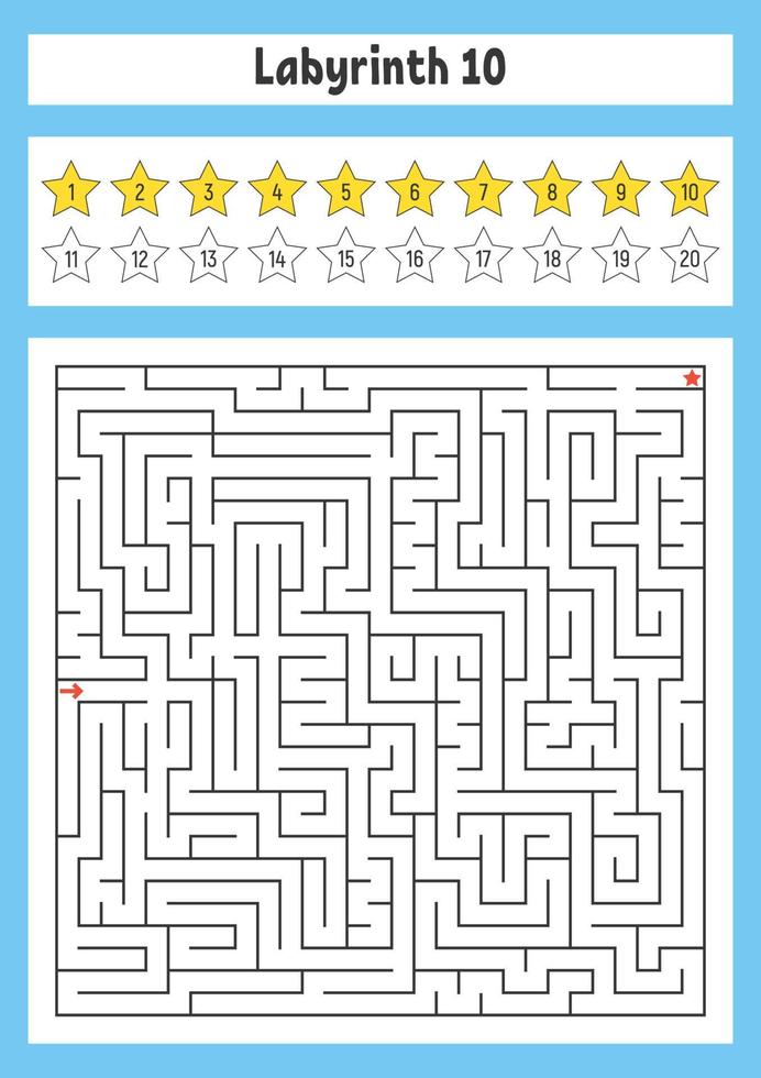 Square maze. Game for kids. Puzzle for children. Labyrinth conundrum. Color vector illustration. Find the right path. The development of logical and spatial thinking.