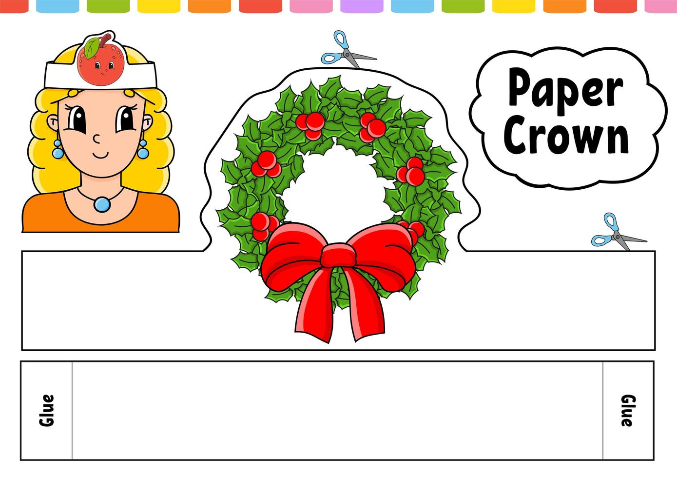 Paper crown template for kids. For games, parties, birthdays, holidays. With a cute cartoon character. Color vector illustration isolated on a white background. Suitable for printing.