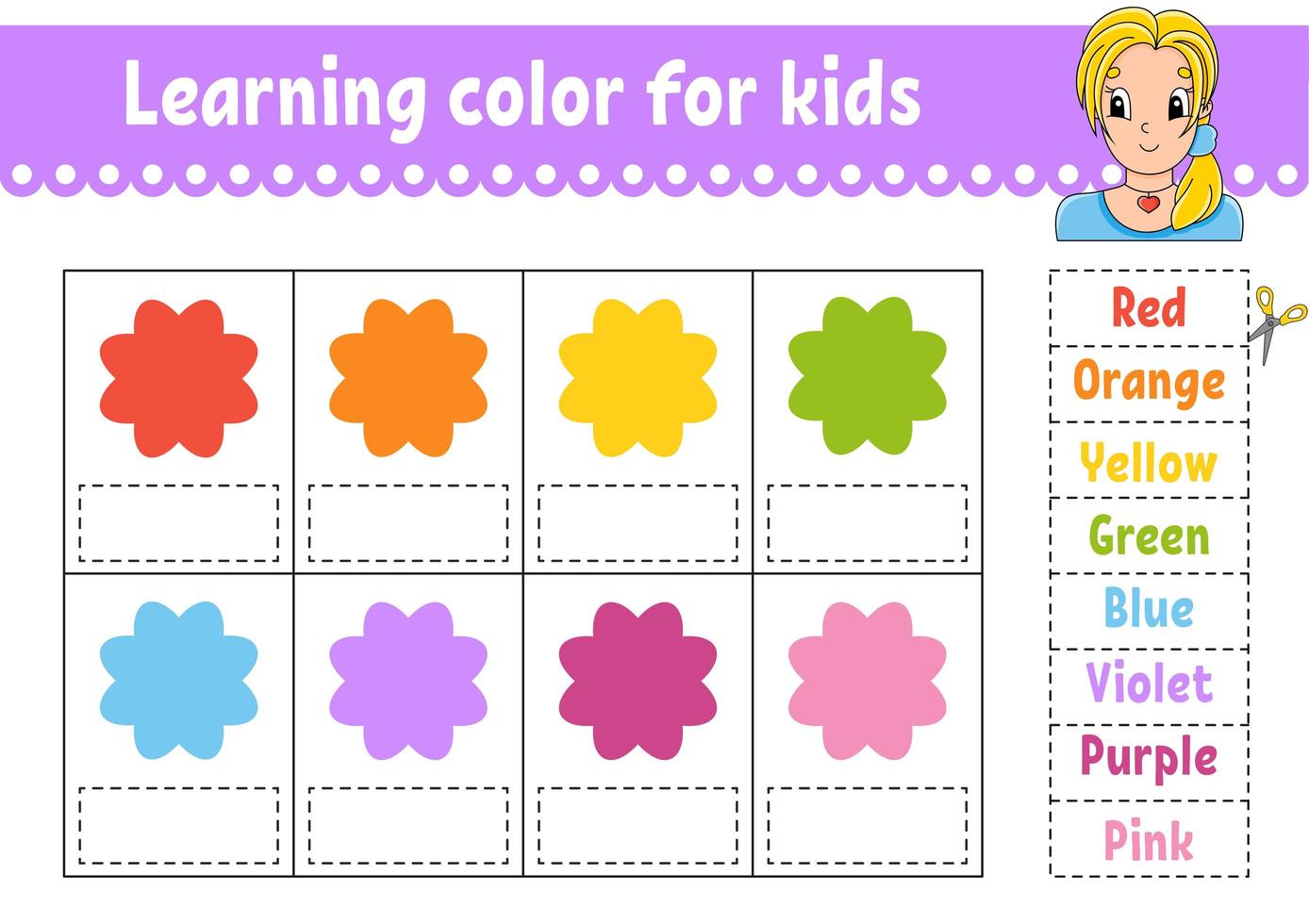 Learning color for kids. Education developing worksheet. Activity page with color pictures. Pretty girl. Riddle for children. Isolated vector illustration. Funny character. Cartoon style.