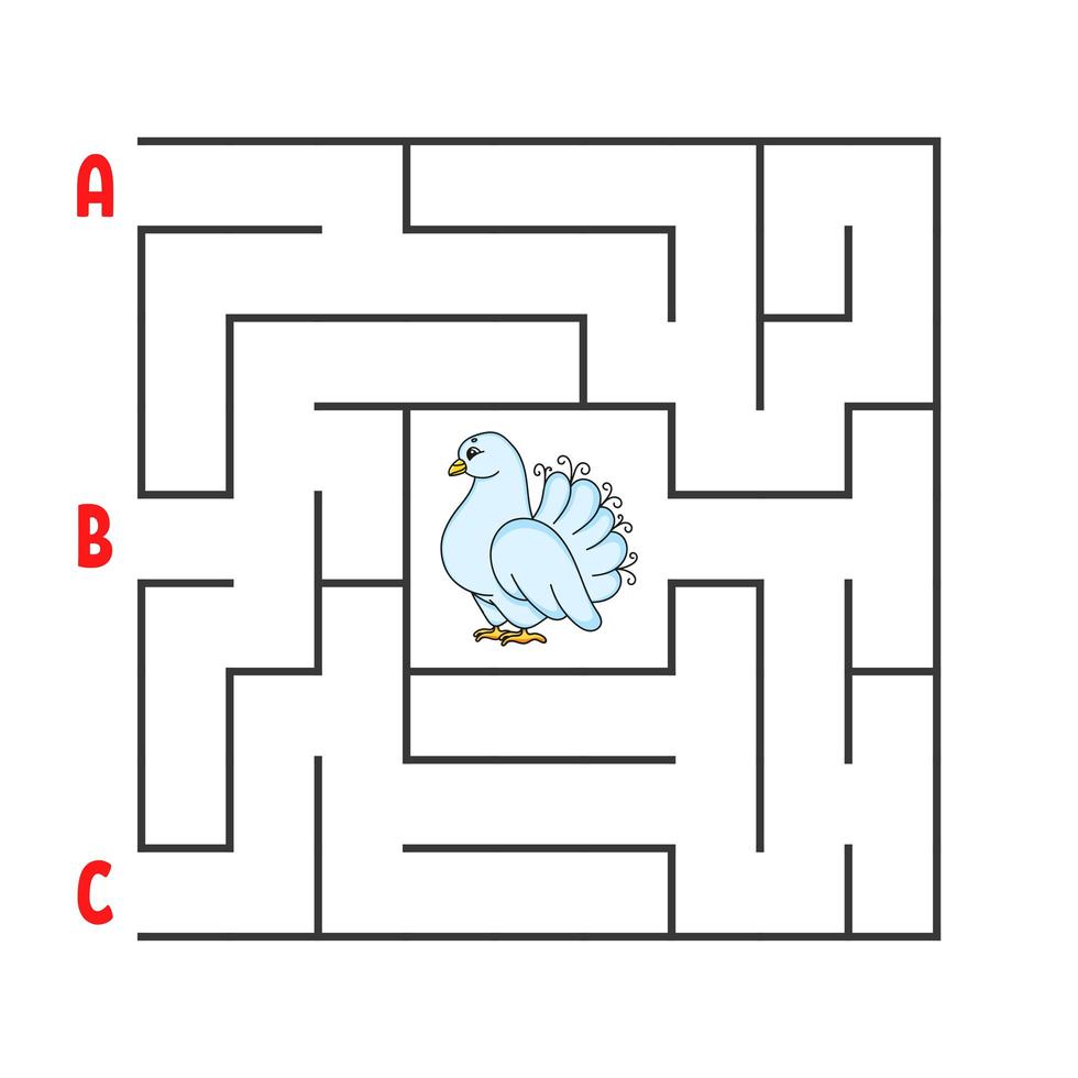 Square maze. Game for kids. Puzzle for children. Cartoon character dove. Labyrinth conundrum. Color vector illustration. Find the right path. The development of logical and spatial thinking.