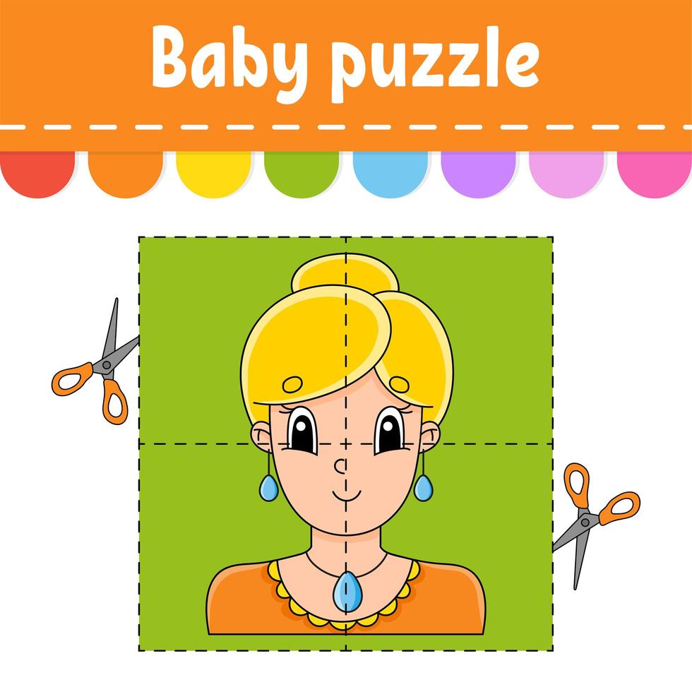 Baby puzzle. Easy level. Flash cards. Cut and play. Pleasant lovely woman. Color activity worksheet. Game for children. Cartoon character. vector