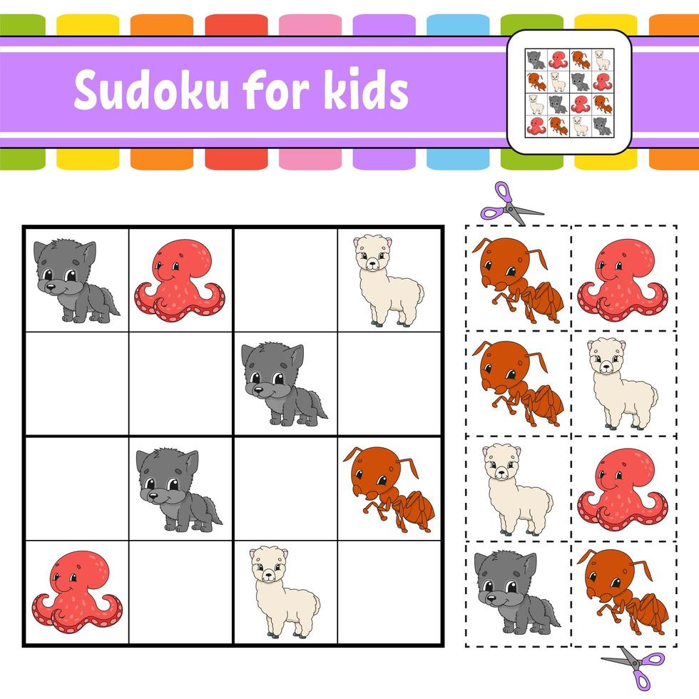 sudoku para niños. hoja de trabajo de desarrollo educativo. página de actividades con imágenes. juego de rompecabezas para niños. establecer animales. ilustración vectorial aislada. personaje divertido. estilo de dibujos animados. vector